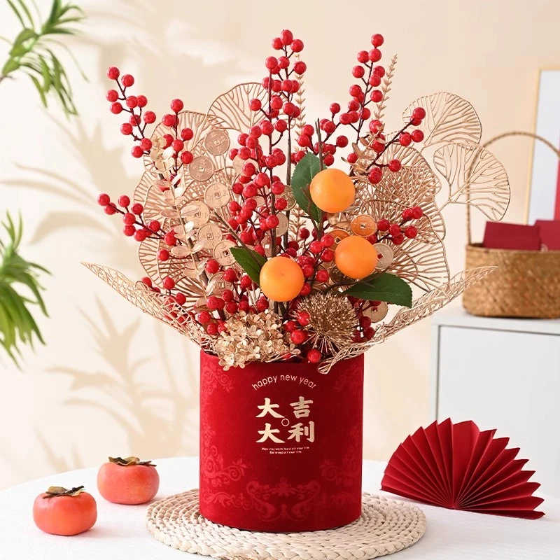 套二福桶空桶红色新年抱抱桶乔迁新居干花插花桶年宵花材料花盒