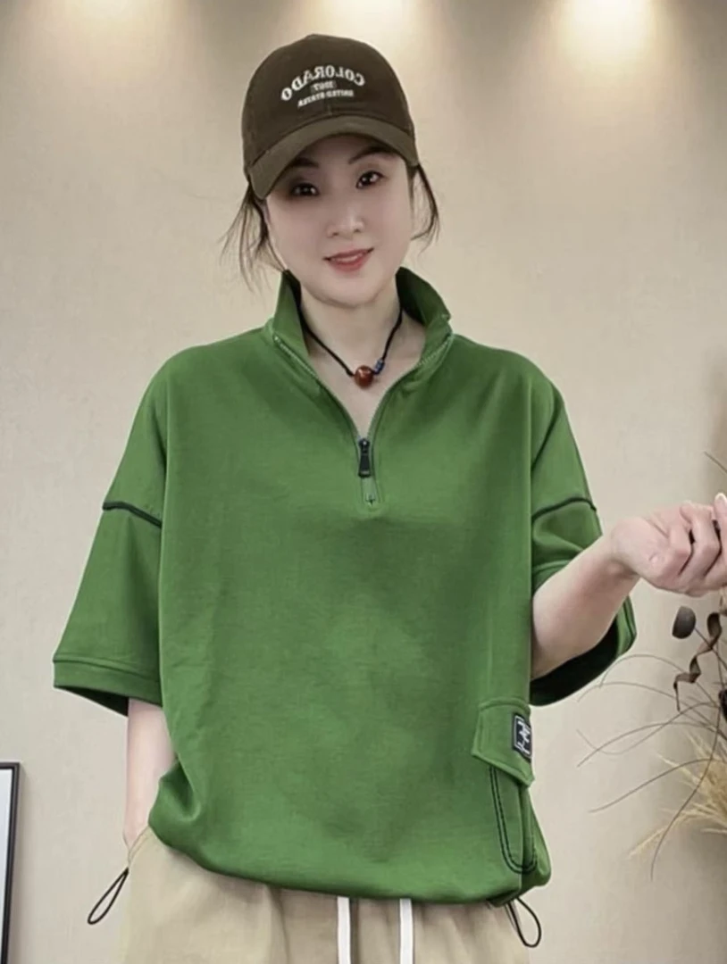 休闲百搭短袖T恤吸湿排汗运动夏季休闲ins黑色半袖连帽立领ol