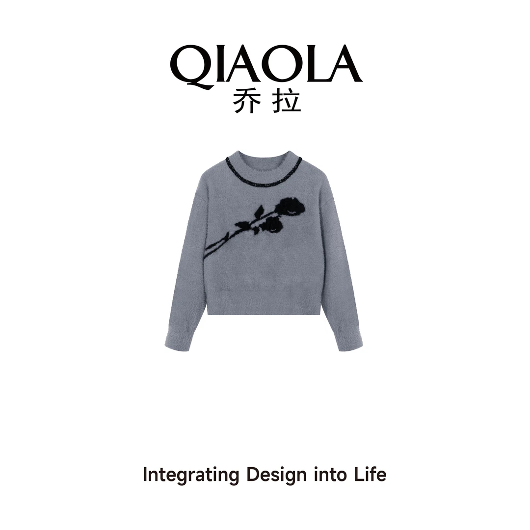 QIAOLA/乔拉【玫瑰星夜】秋冬仿貂包芯纱玫瑰圆领百搭毛衣预售