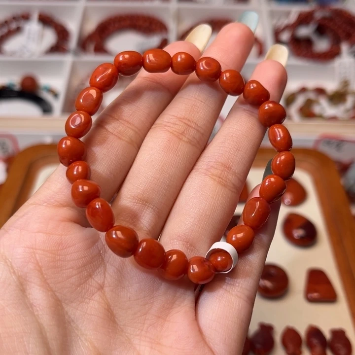 南红玛瑙未镶嵌手链满肉柿子红随型6.5+mm