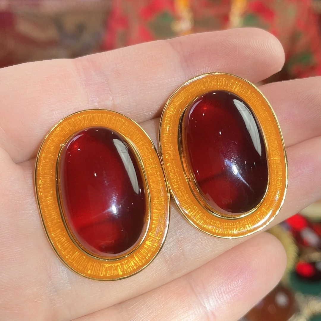 血珀耳钉银S925镀金镶嵌