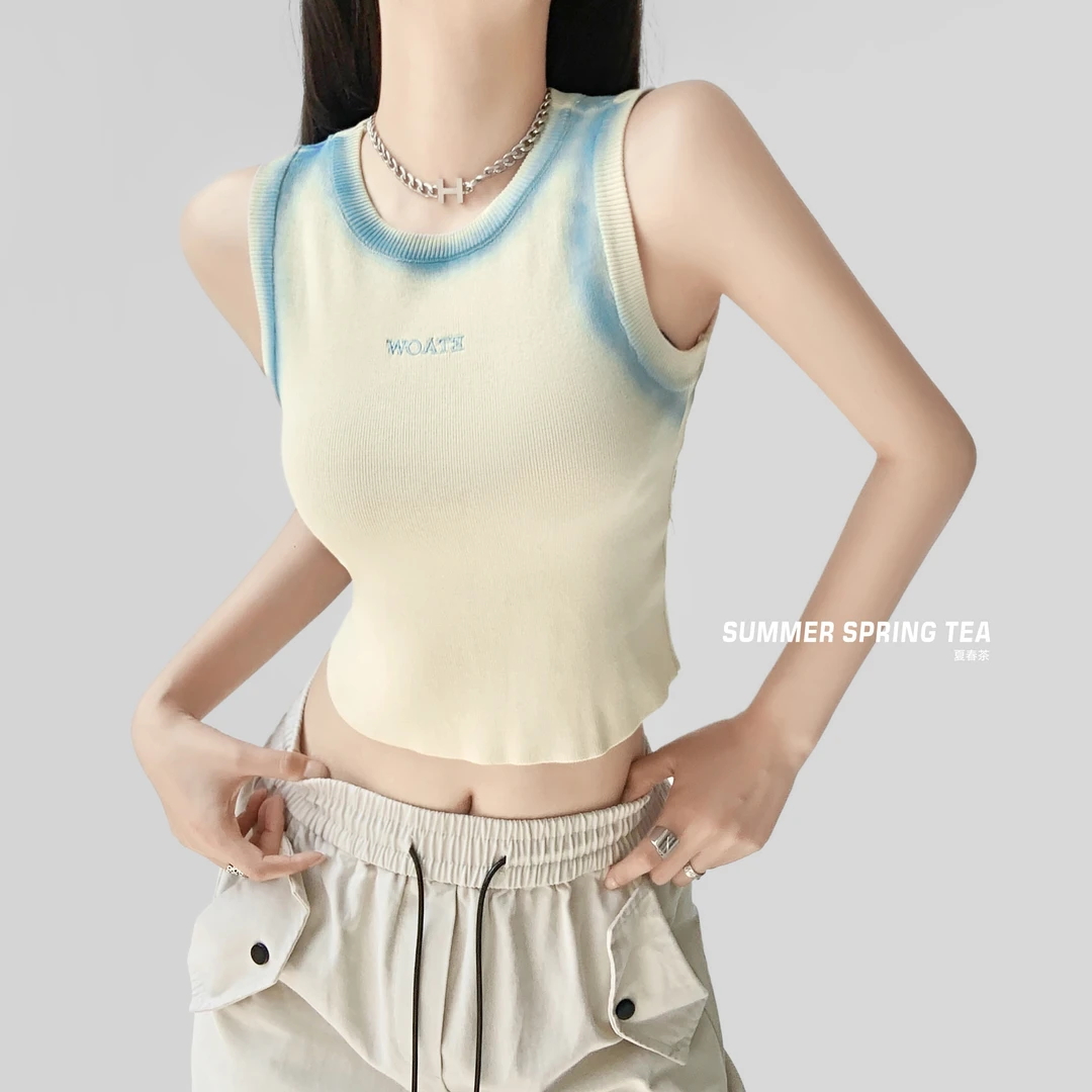 【张清清】夏春茶撞色描边背心夏季甜酷辣妹字母显瘦无袖上衣ins