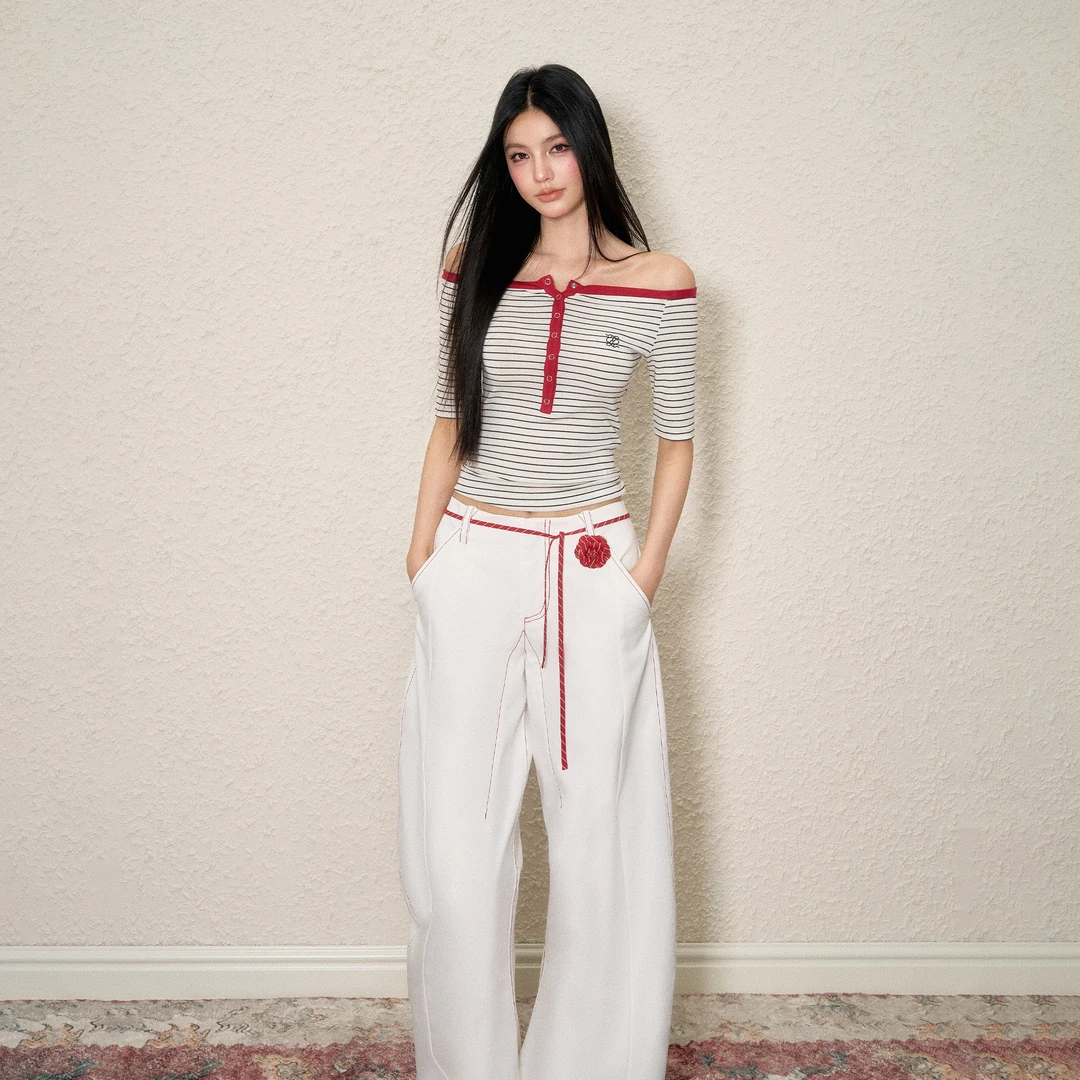 AGAM STUDIO 莱赛尔羊毛撞色条纹一字肩中袖针织上衣+明线弯刀裤