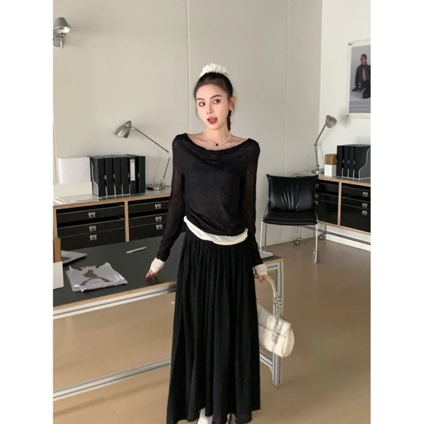 【不必拘束】M-8135 法式纯欲一字领露锁骨假两件长袖褶皱上衣