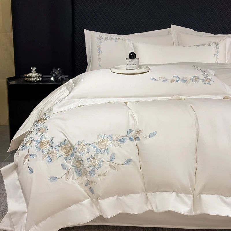 长绒棉绣花四件套欧式简约100%棉纯色绣花被套床上用品【伊芙琳】