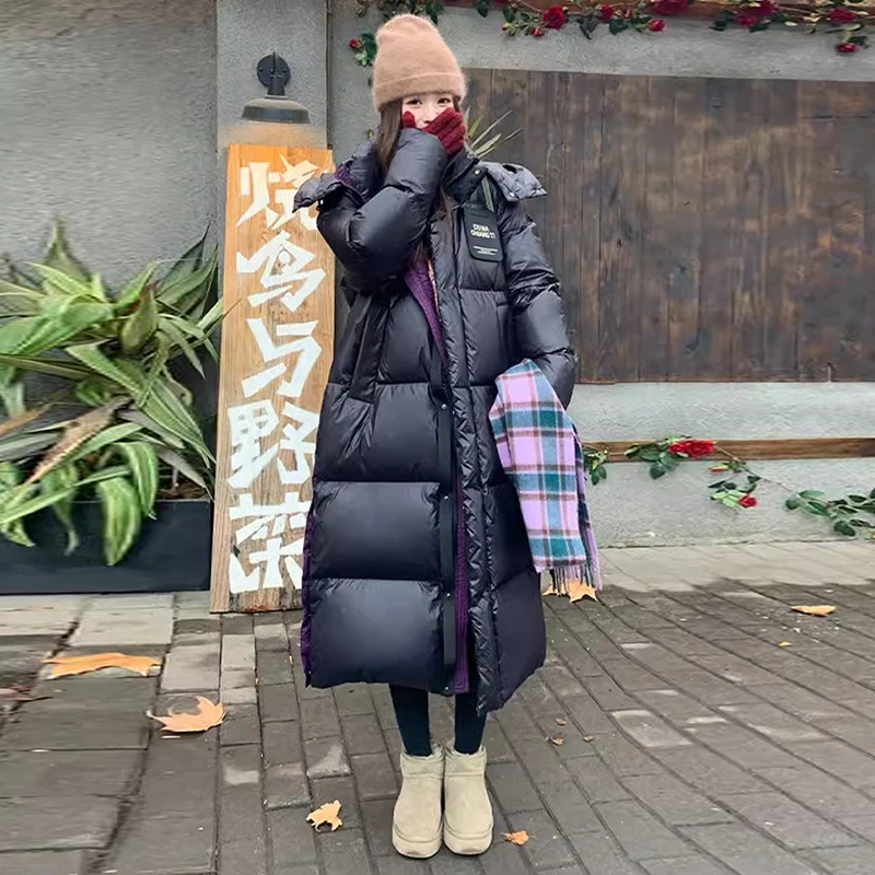 北势冬季长款大版羽绒服女2025撞色设计感情侣紫金白鸭