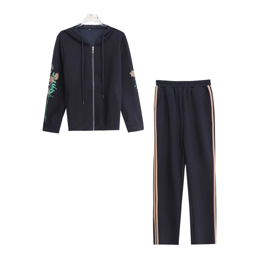 圆领拉链减龄印花上衣休闲百搭长裤套装S4592