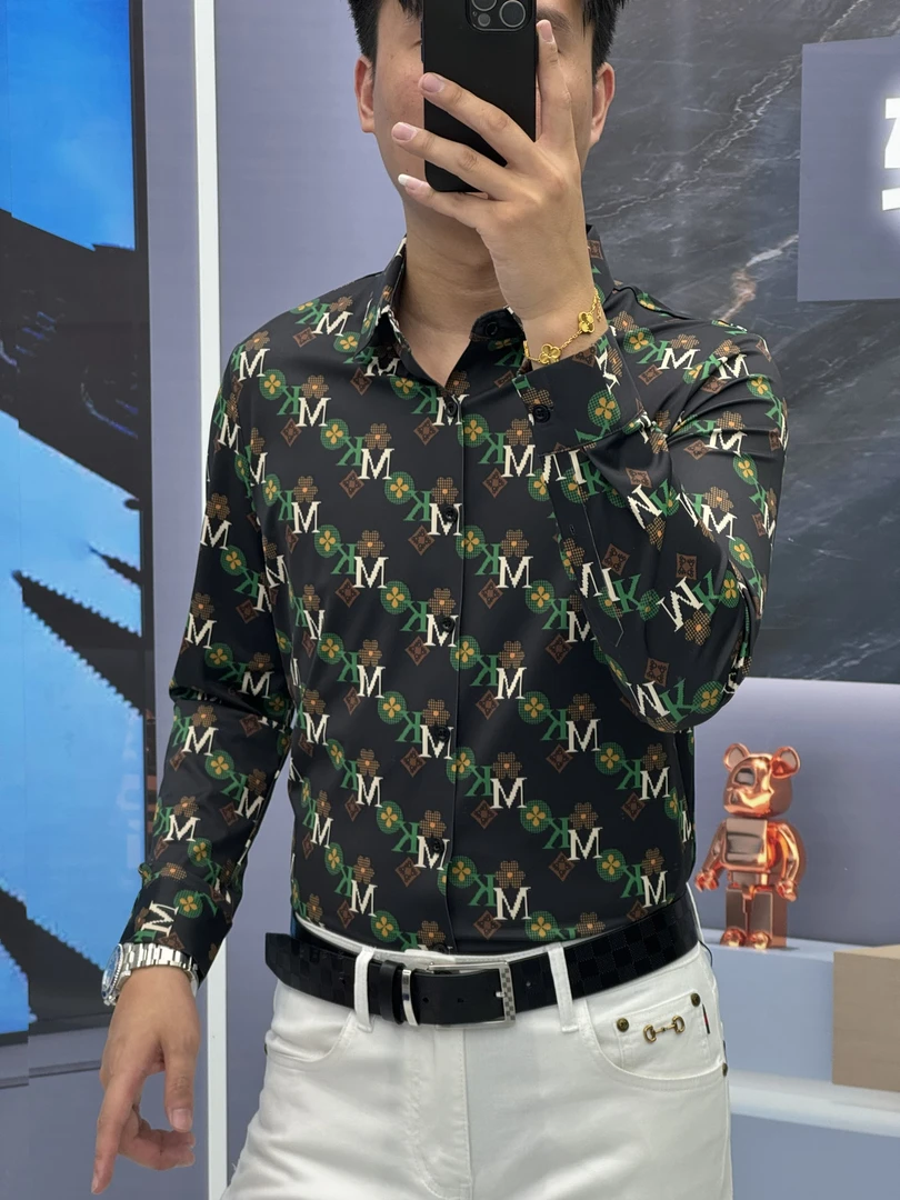 25年男士秋季免烫印花休闲潮流时尚弹力免烫长袖衬衫