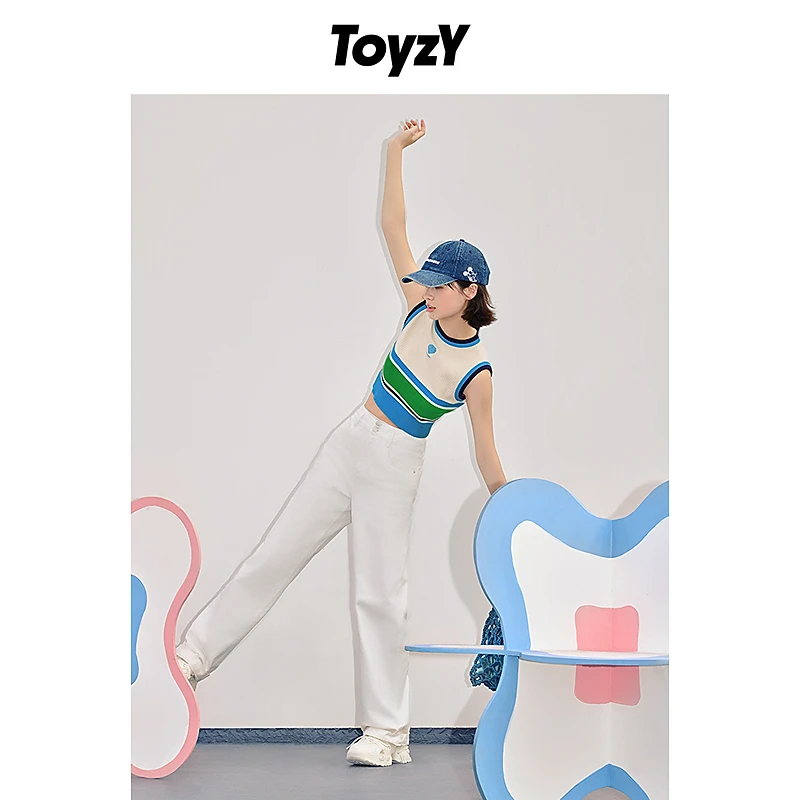 ToyzY春新款白色高腰直筒阔腿牛仔裤7C54120190