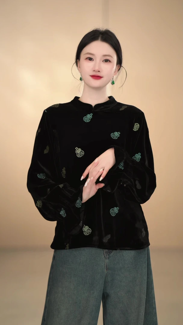 「似锦」桑蚕丝真丝丝绒中国风黑色显瘦唐装长袖网红中立领斜襟刺绣