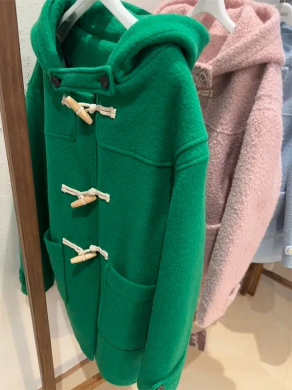 韩货-纯色连帽羊驼毛羊毛呢大衣女2025秋冬舒适温柔气质外套