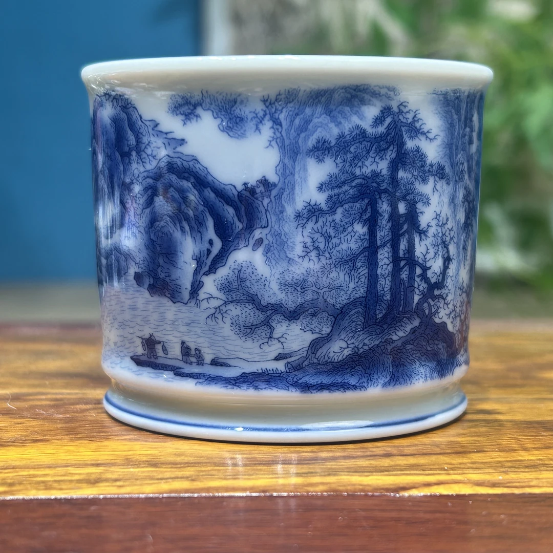 景德镇陶瓷重工青花山水春山图主人杯茶具中式家用高端功夫茶器