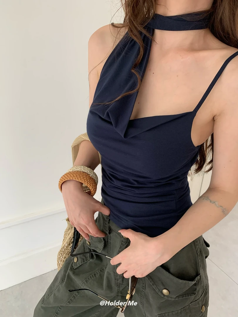 Nice-甜辣纯欲风不规则飘带单肩修身吊带背心女夏季外穿