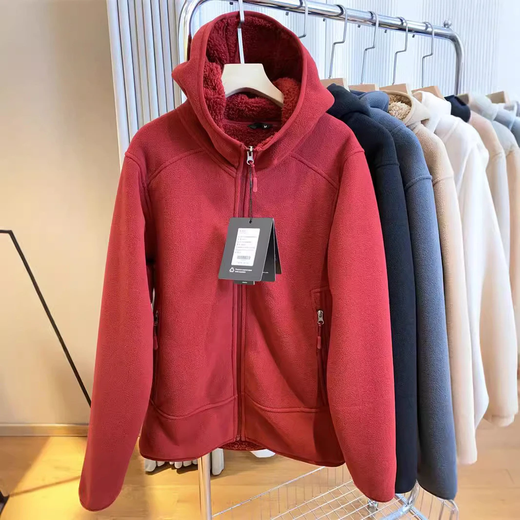 出K单情侣款加厚保暖双面摇粒绒防风抓绒户外连帽外套卫衣男  藏