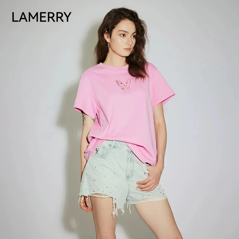 LAMERRY朗美睿蝴蝶钉珠镂空T恤女宽松显瘦百搭2025春夏女款T恤
