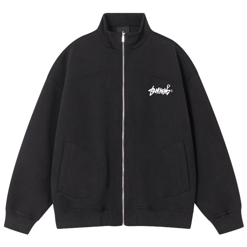 jtrt美式简约复古字母印花潮牌重磅立领开衫上衣情侣百搭卫衣外套