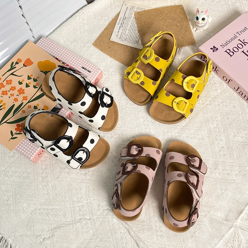 儿童勃肯女童凉鞋鞋子夏季新款波点宝宝露趾沙滩复古女童公主单鞋