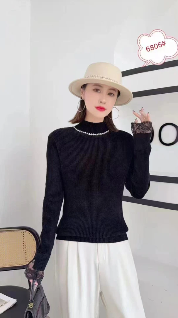 天鹅绒镶钻高弹秋冬圆领时尚针织衫半高领修身长袖黑色打底衫ins