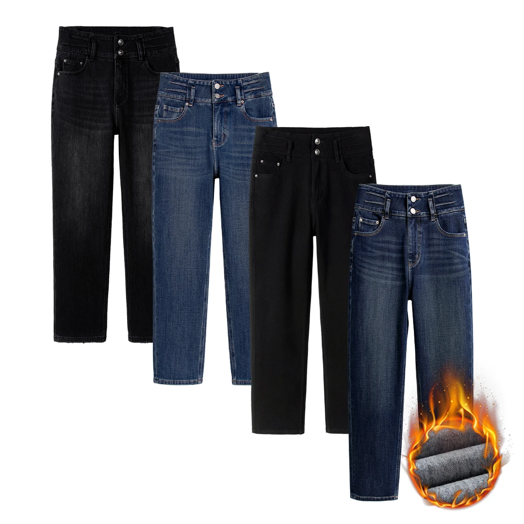 自媒体秋冬加绒九分高腰四面弹法棍烟管牛仔裤苹果型梨形身材710