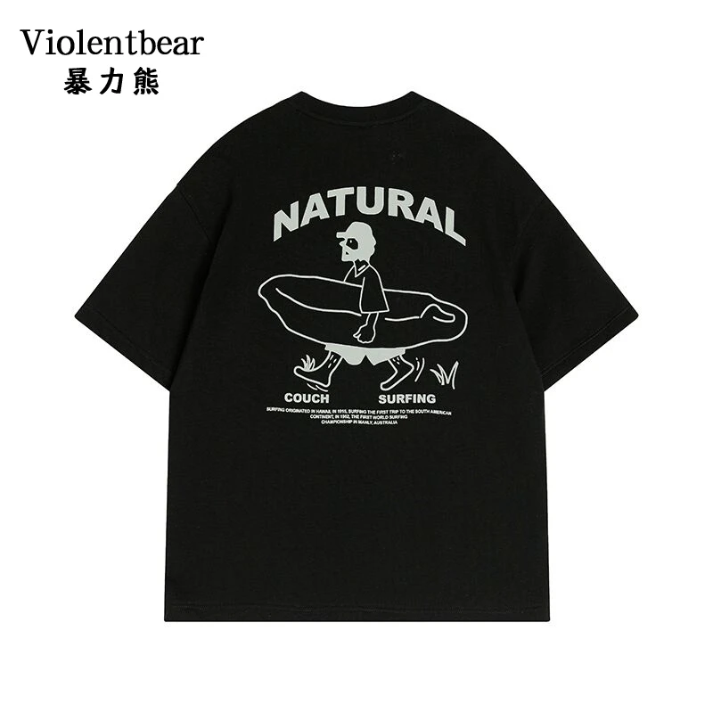 暴力熊夏季新款美式ins运动情侣卡通印花宽松百搭短袖纯色圆领T恤