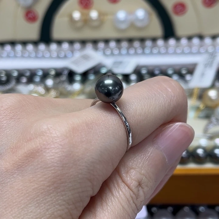 海水珍珠戒圈银S925镶嵌大溪地 8-9mm 63号
