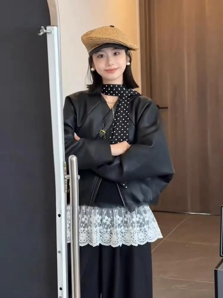 2025春秋季新款韩版蝙蝠袖百搭小个子皮衣外套女短款黑色夹克上衣