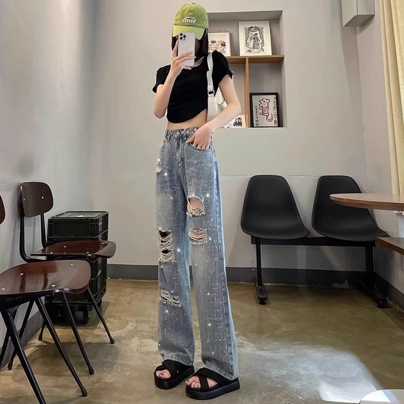 夏季薄款破洞直筒牛仔裤女胖mm高腰显瘦浅色烫钻设计感阔腿裤子