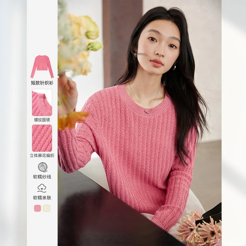 梵希蔓麻花编织毛衣女2025圆领针织衫套头宽松短款长袖上衣73809