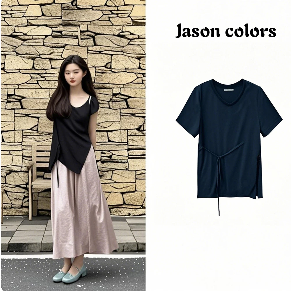 2025夏季新款下摆不规则开叉设计收腰黑色上衣显瘦气质百搭纯色