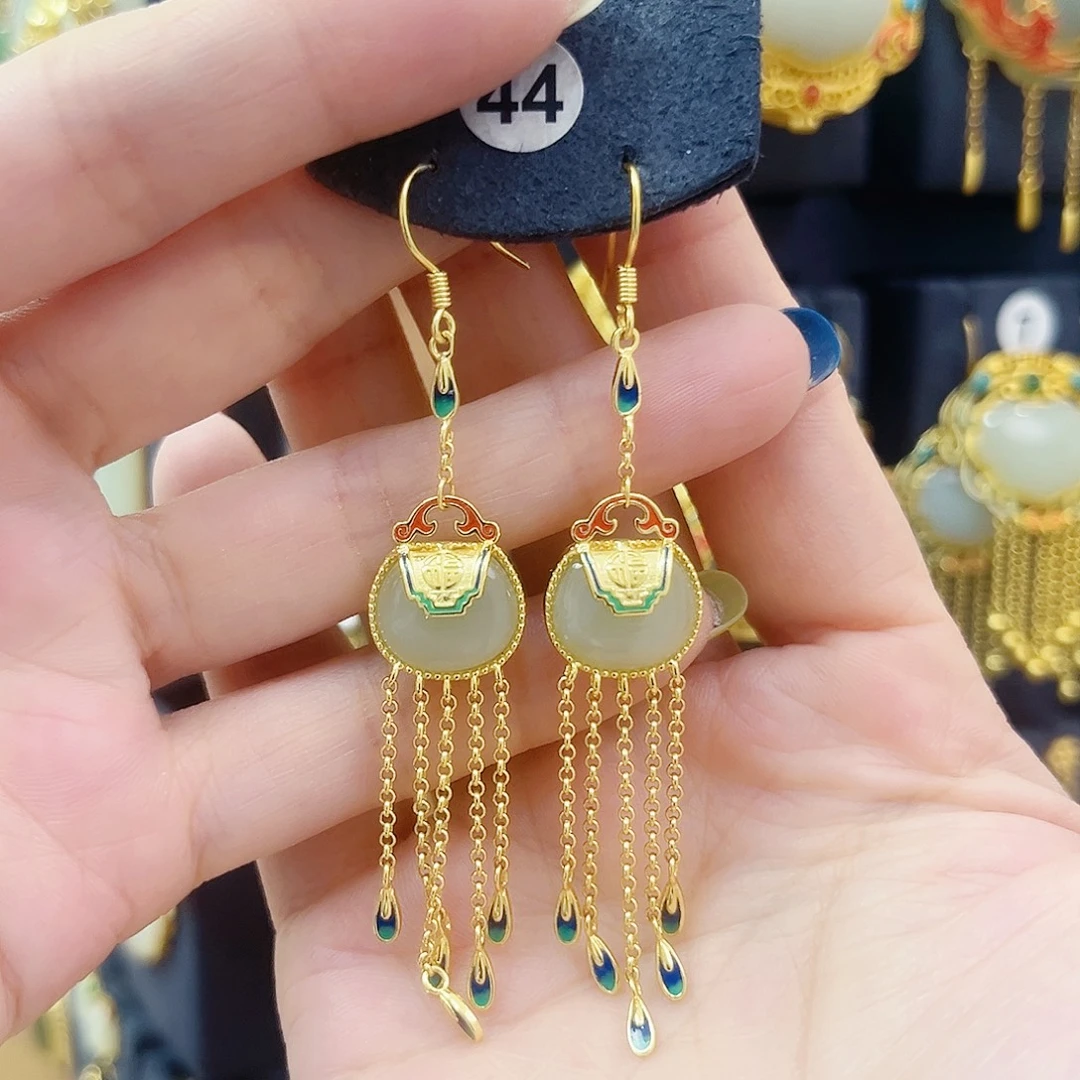 和田玉银S925镀金镶嵌耳饰