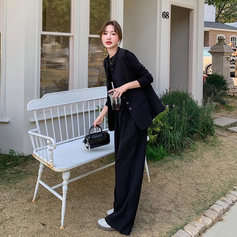 黑色高级感时尚套装女2025春季新款韩系气质显瘦马甲阔腿裤三件套