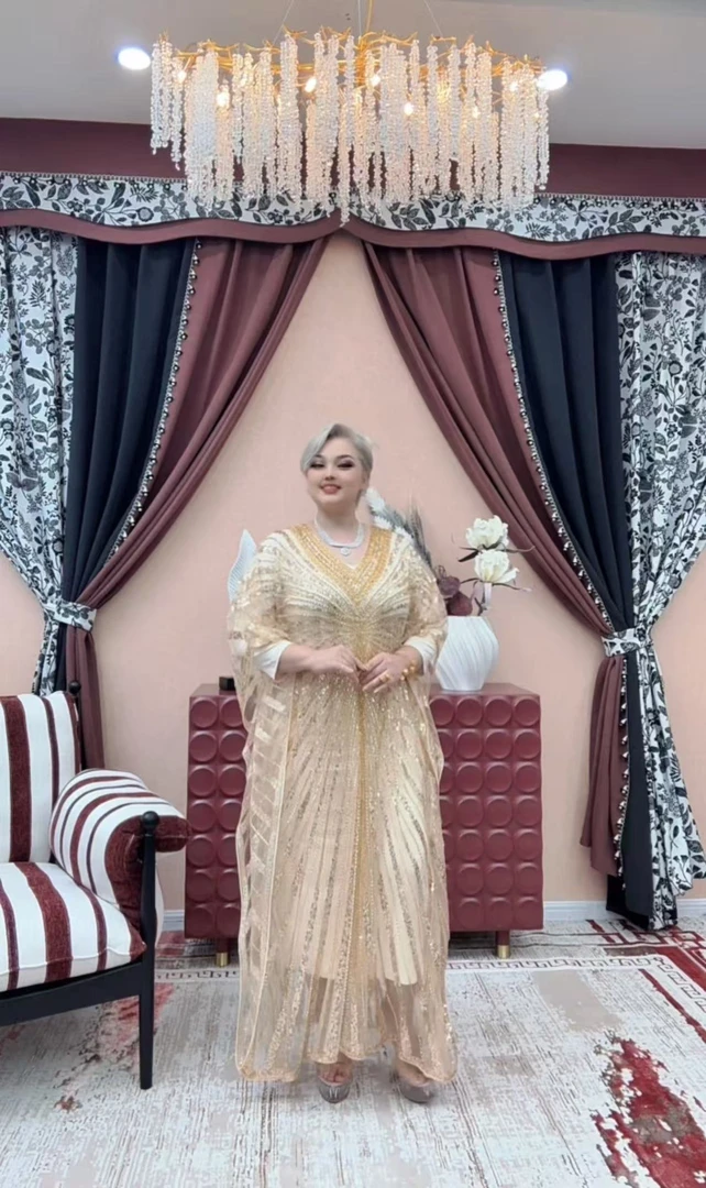 【A058】时尚新款民族风迪拜土耳其重工服饰金色枣红色长款连衣裙