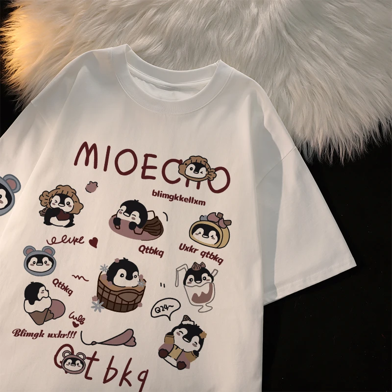 夏季新款女童纯棉t恤短袖洋气可爱企鹅印花小众百搭时尚女大童潮