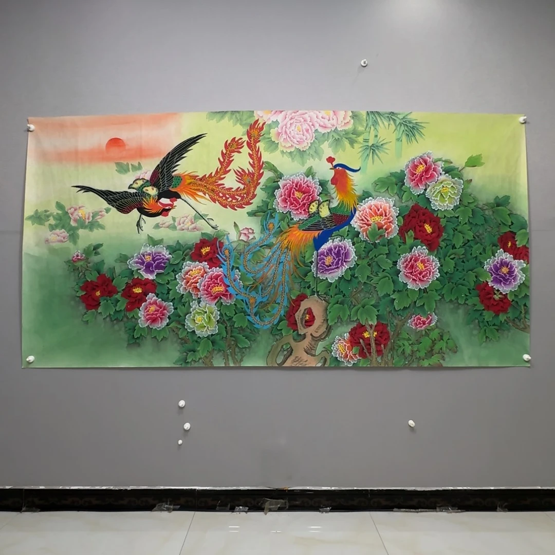 国画横幅八尺精品工笔牡丹贾敏