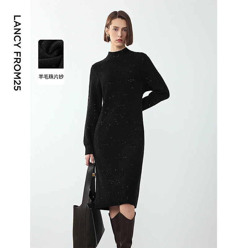 朗姿羊毛珠片纱设计感小众气质高级感裙子女2024冬新款针织连衣裙