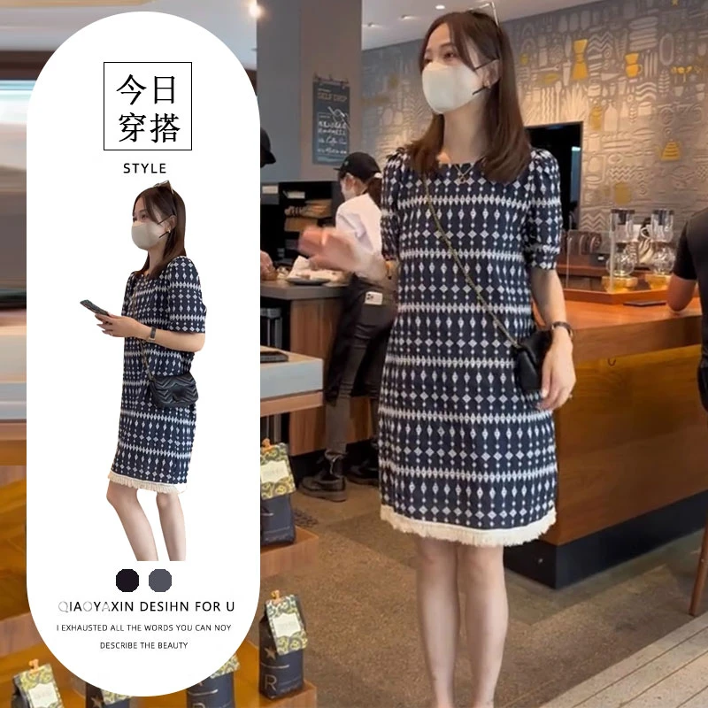 大码法式小香风泡泡短袖连衣裙女2025夏季胖mm宽松遮肚显瘦直筒裙