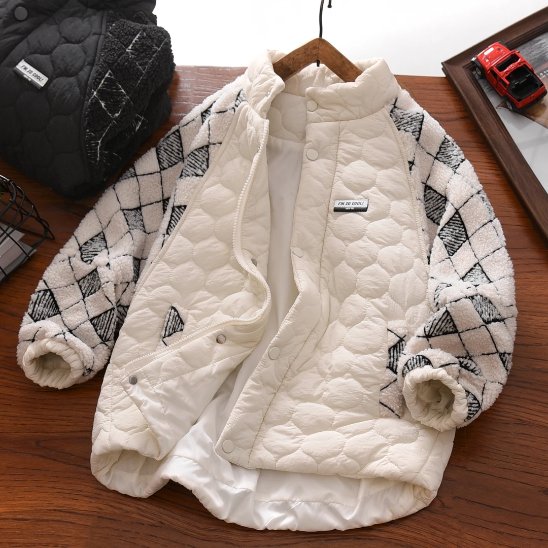 男童外套秋冬季2025新款中大童孩加厚夹克儿童装休闲拼接薄棉服潮