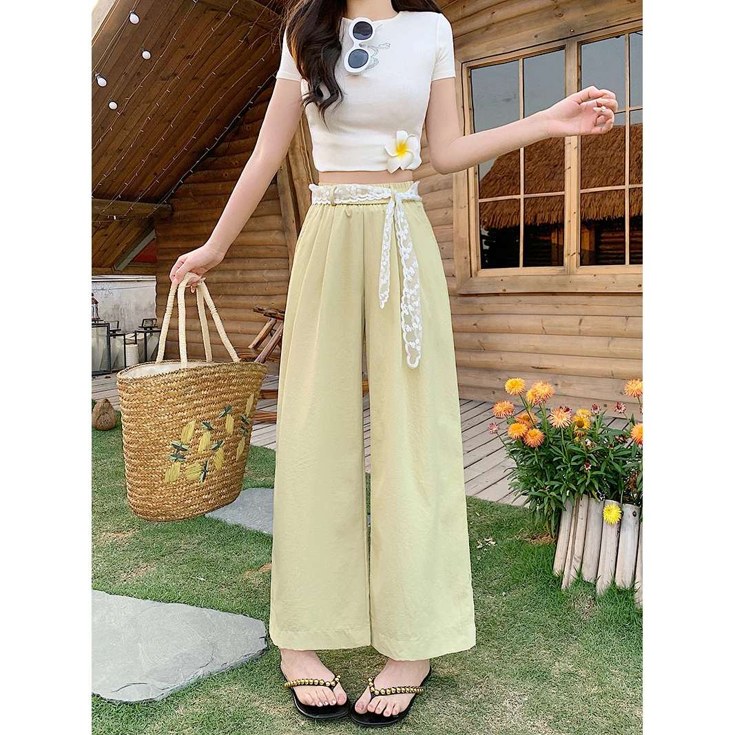 【小曹大码】夏装新款女时尚休闲蕾丝腰带宽松显瘦阔腿裤-ONL33795