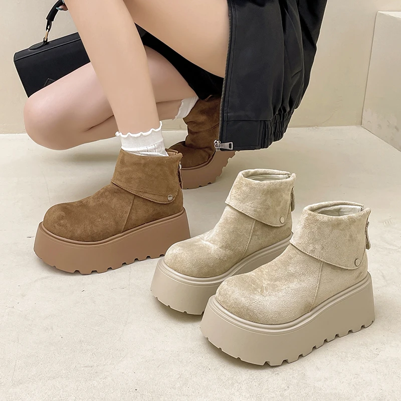 时尚百搭舒适增高翻折厚底短筒靴女2025秋冬季新款外穿勃肯鞋短靴