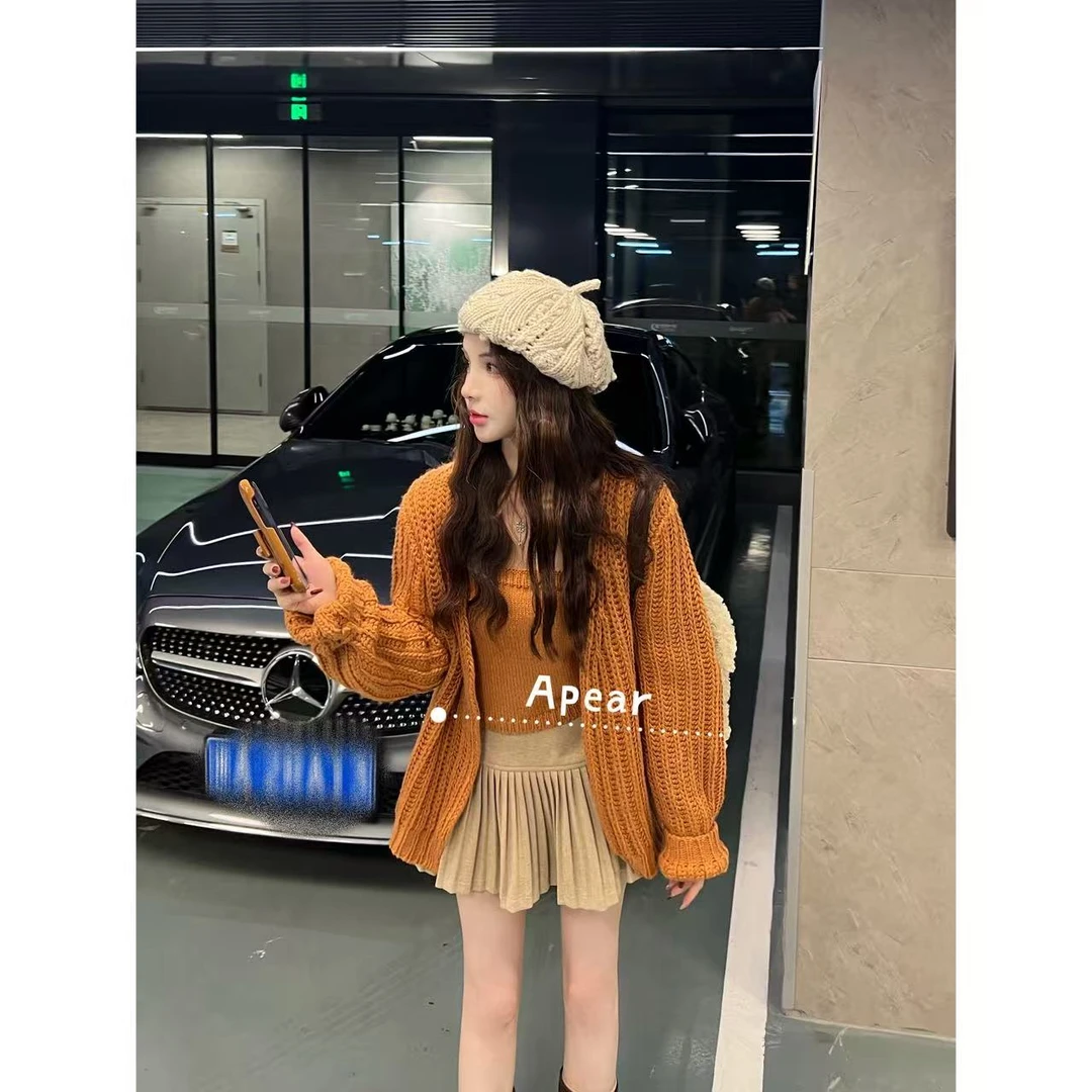 Apear♥海橙拿铁~韩版复古慵懒风宽松时尚显瘦针织开衫三件套