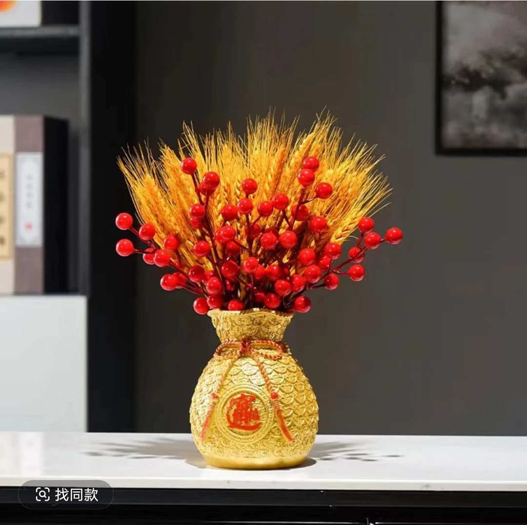 开业乔迁喜事发财红果新中式黄金麦穗仿真花瓶招财袋子客厅电视柜