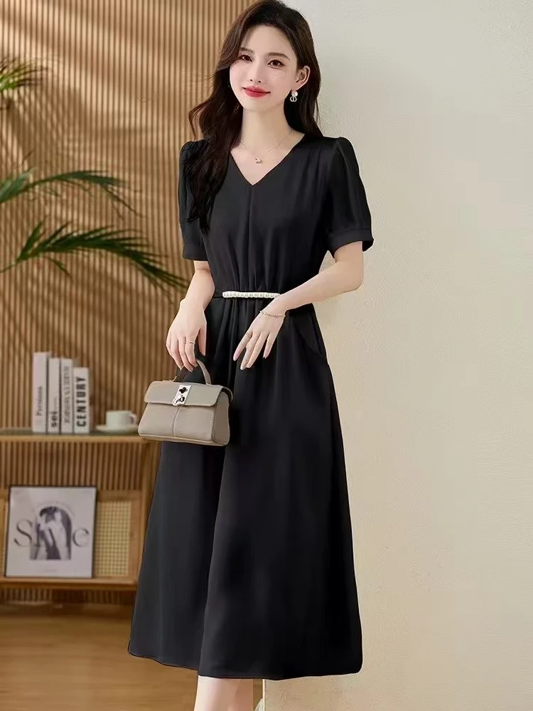 【十四姨】2567高级感气质V领钉珠系带收腰显瘦长裙