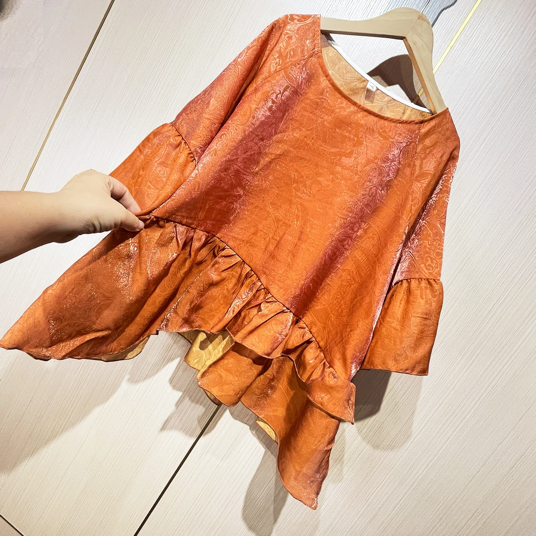 鎏光锦设计感大码花边国风上衣胖mm不规则荷叶边夏装显瘦衬衫