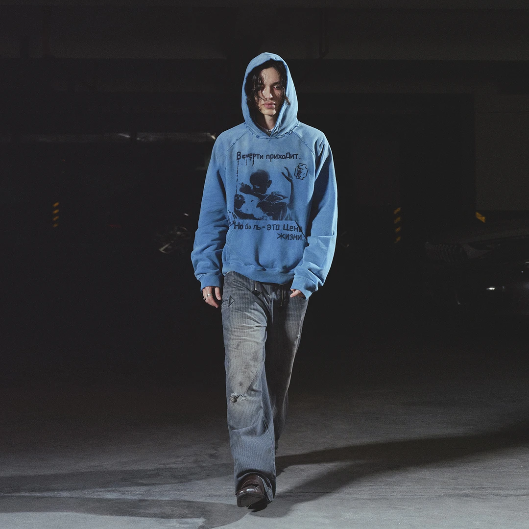 RICHILL MELANCHOLY 25AW 雾蓝色俄文吸血鬼水洗做旧破坏连帽卫衣