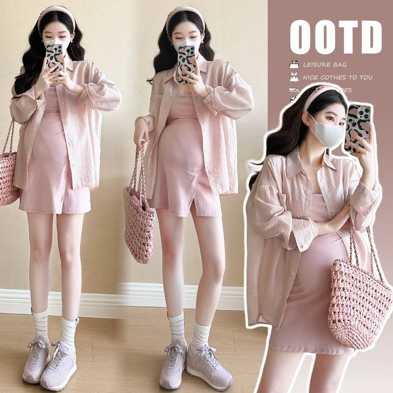 小个子孕妇连衣裙洋气修身显瘦吊带裙夏装外穿设计感开叉辣妈裙子