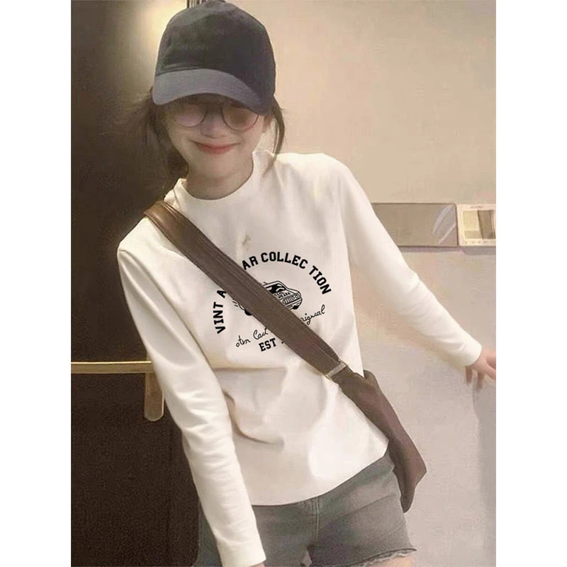 正肩螺纹t恤2025流行长袖女款时尚百搭洋气圆领白色高级感上衣潮