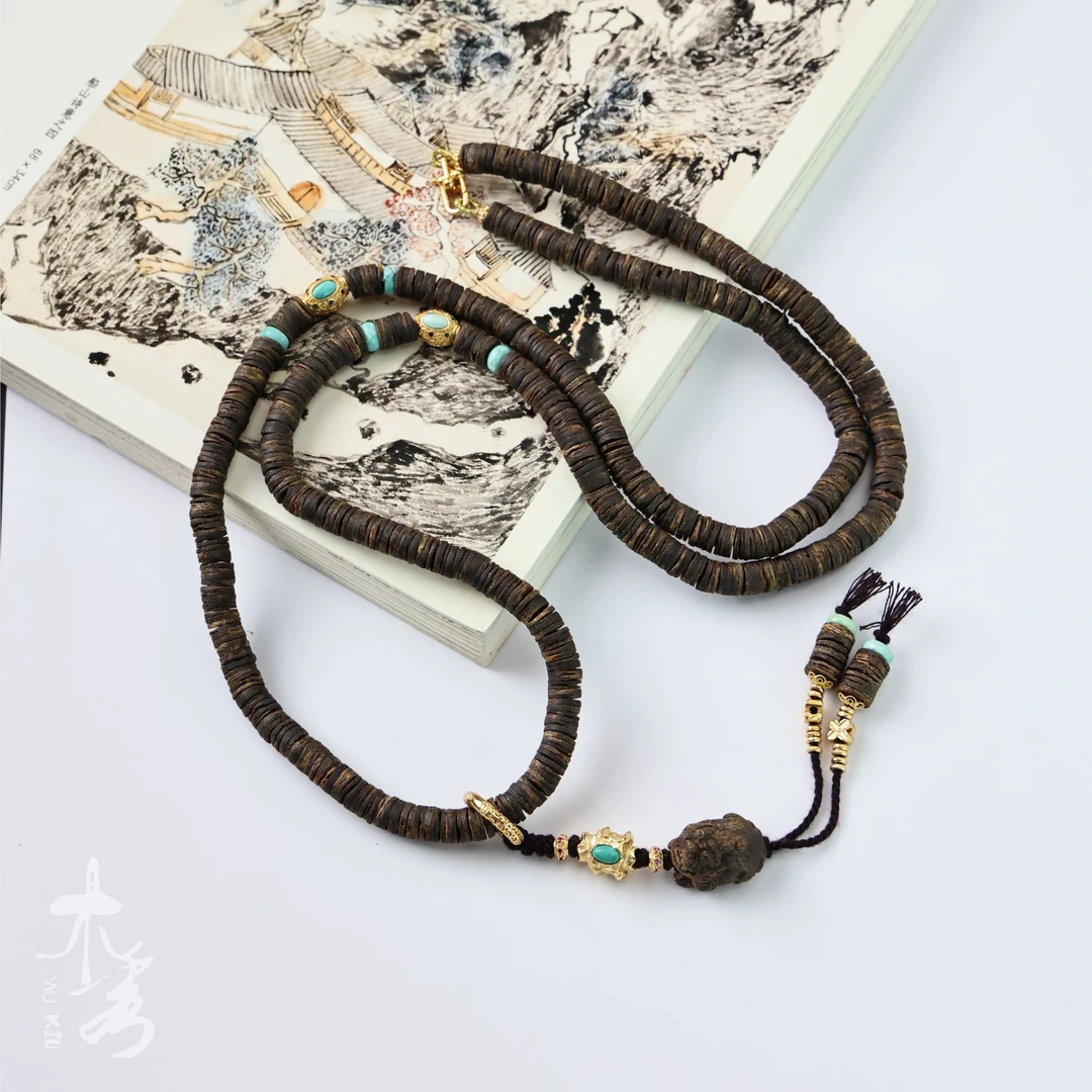 沉香【沉水级】奇楠片片珠貔貅多圈长串 三 XK121405