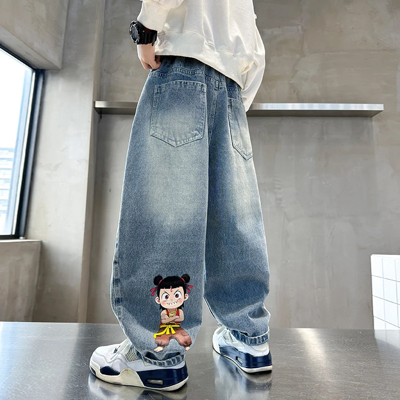 儿童装男童潮酷春装裤子新款春夏款大童哪吒牛仔裤夏季男孩防蚊裤