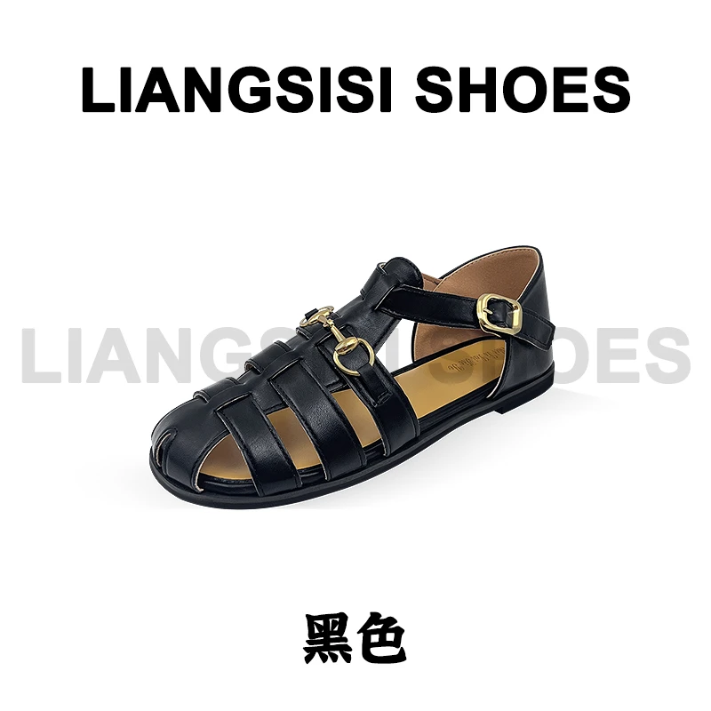 梁思思SHOES2025夏季新款复古镂空编织扣带平底猪笼鞋-419