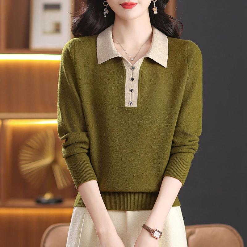 翻领针织打底衫春秋长袖上衣洋气妈妈秋装2024年新款女装早秋毛衣